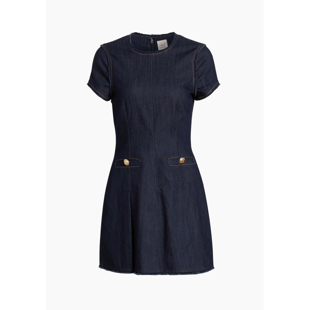 Cinq a Sept Denim Sheath Dress Gold Button Fringe Detail Short Sleeve - Picture 4 of 9